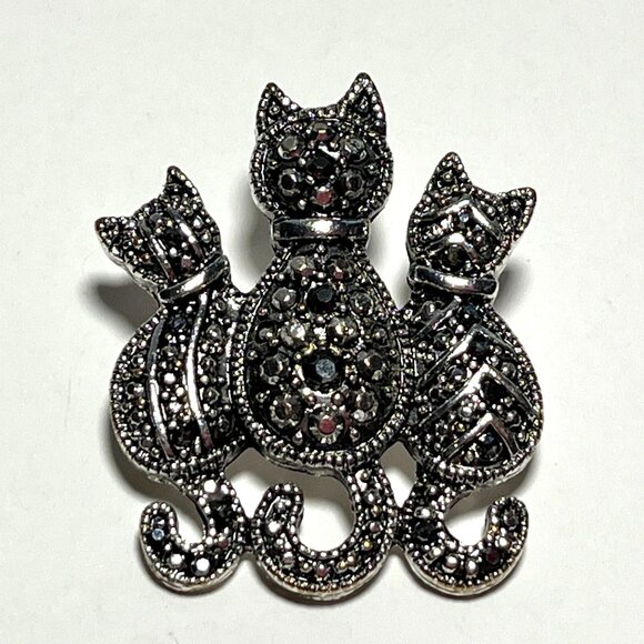 Vintage Three Cats Kittens Marcasite Lapel Pin Brooch - Picture 3 of 7